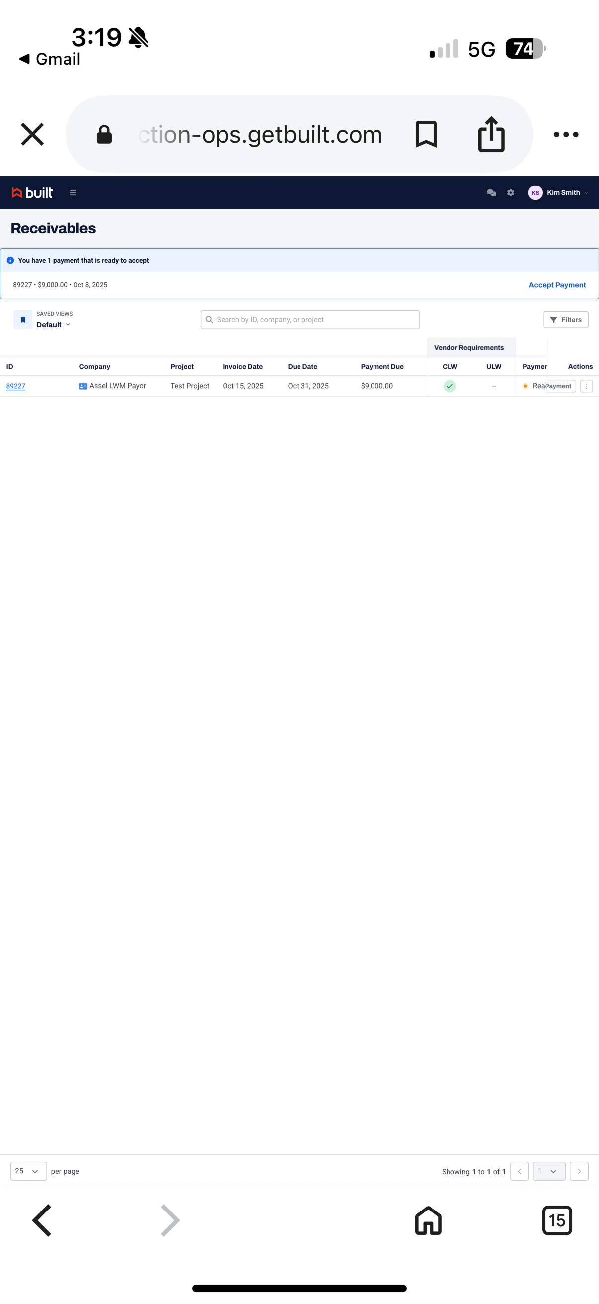 The existing desktop receivables interface displayed at phone size