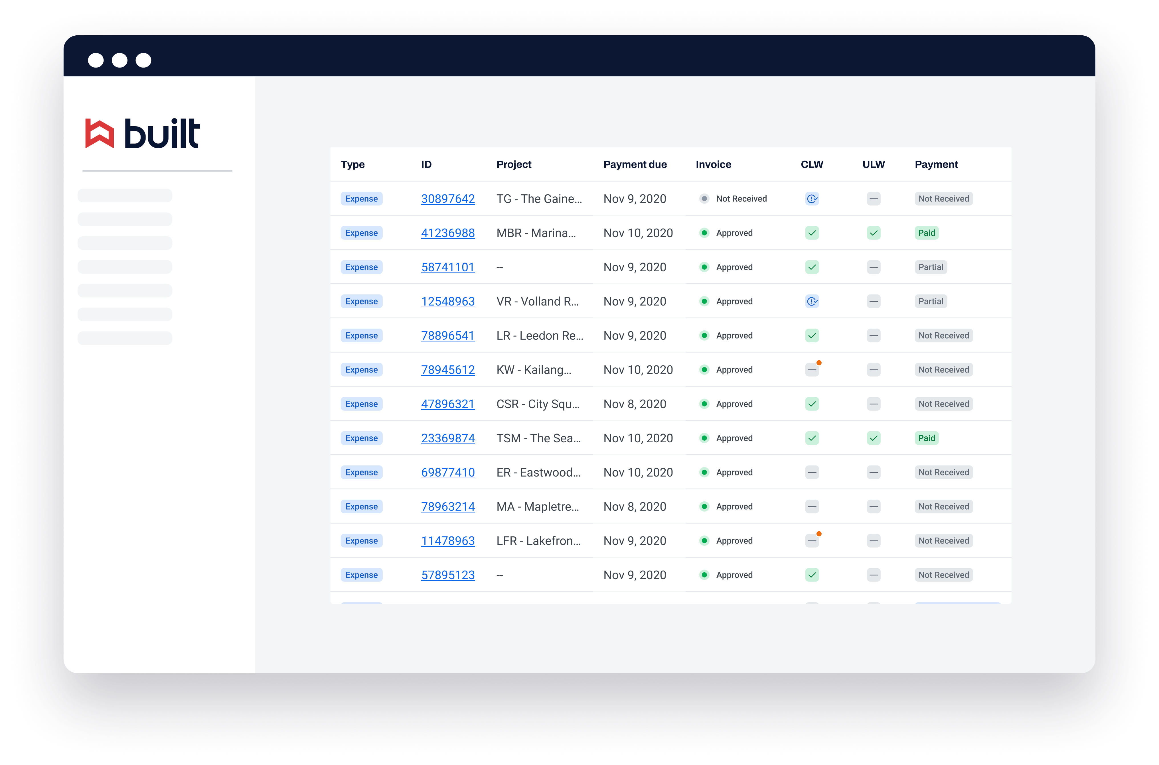 Built receivables experience on desktop