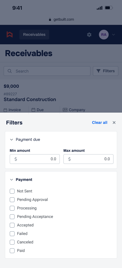 Mobile filters presented in a bottom sheet over the receivables list
