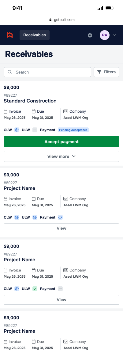 Redesigned mobile receivables cards with a clear accept payment action