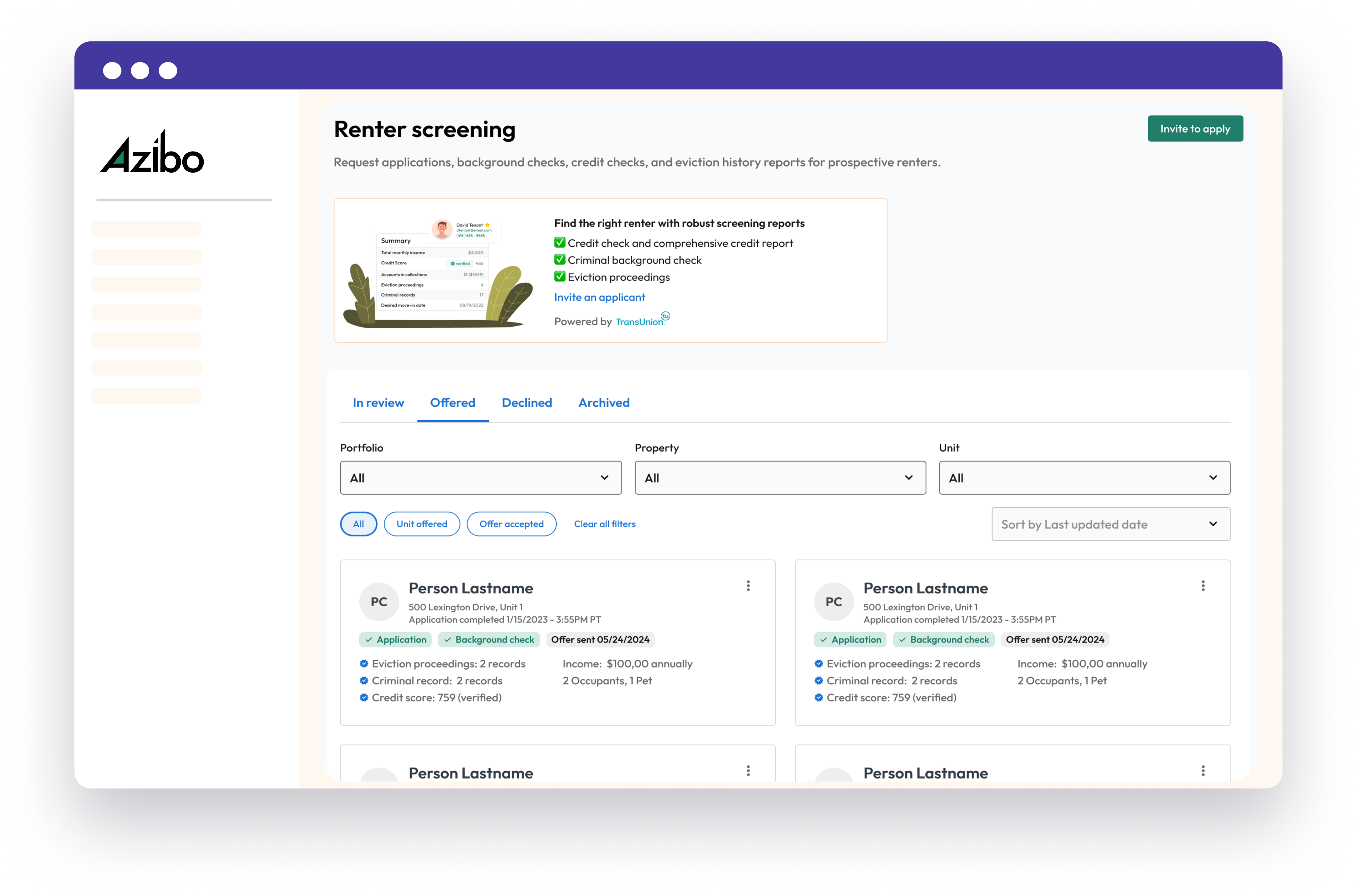 Renter Screening desktop interface